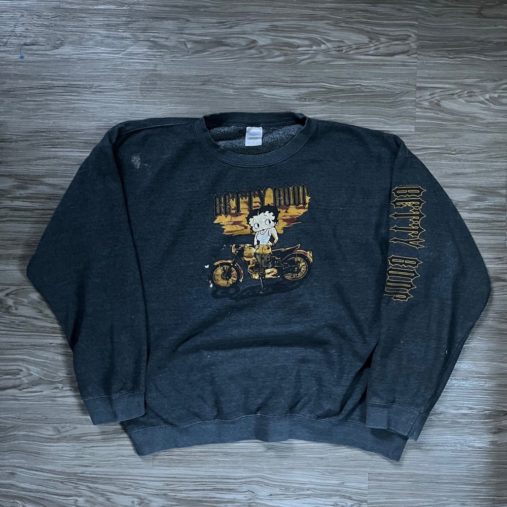 Betty Boop Motorcycle Graphic Sweatshirt Mens 2XL Charcoal Grey Biker Pullover